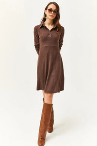 Polo Collar Buttoned Mini Flared Dress