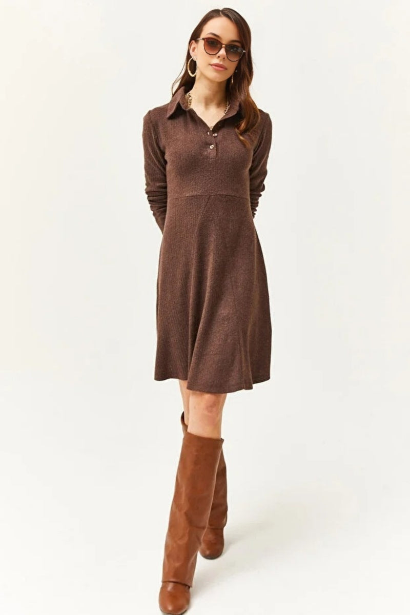 Polo Collar Buttoned Mini Flared Dress