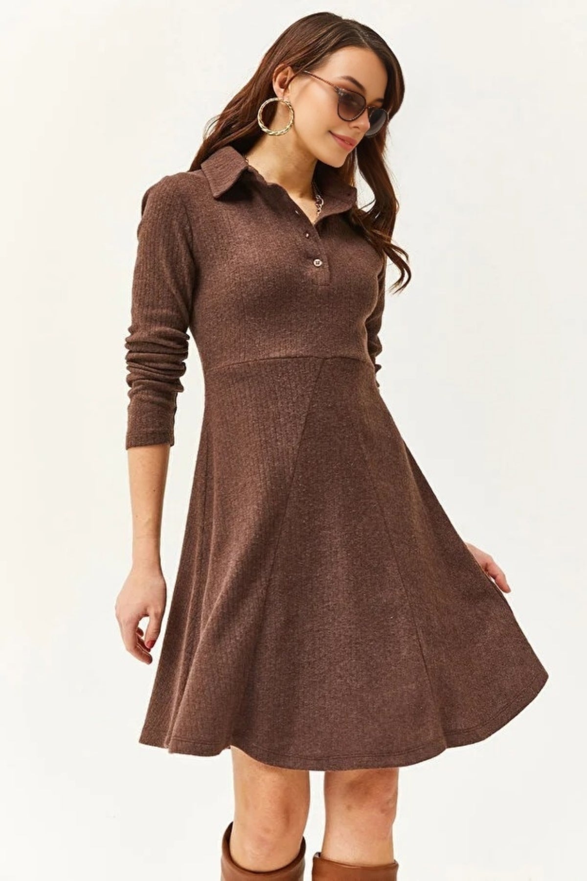 Polo Collar Buttoned Mini Flared Dress