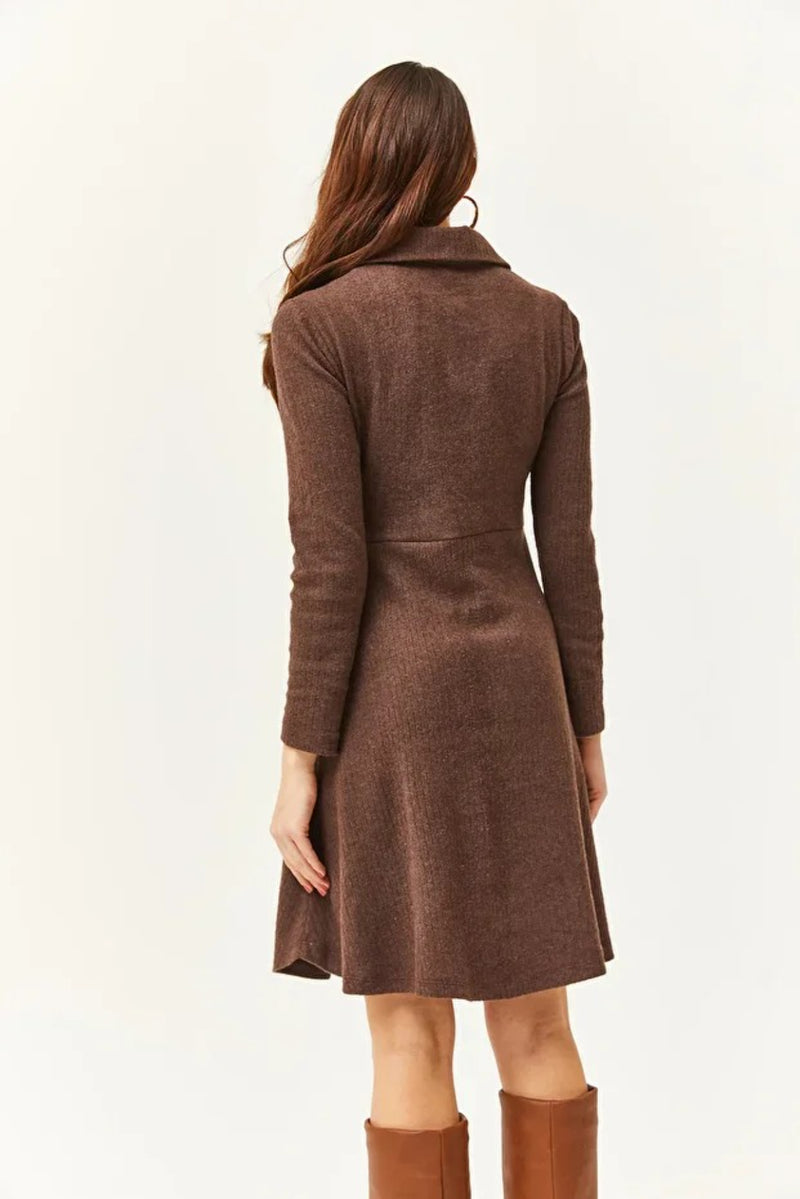 Polo Collar Buttoned Mini Flared Dress