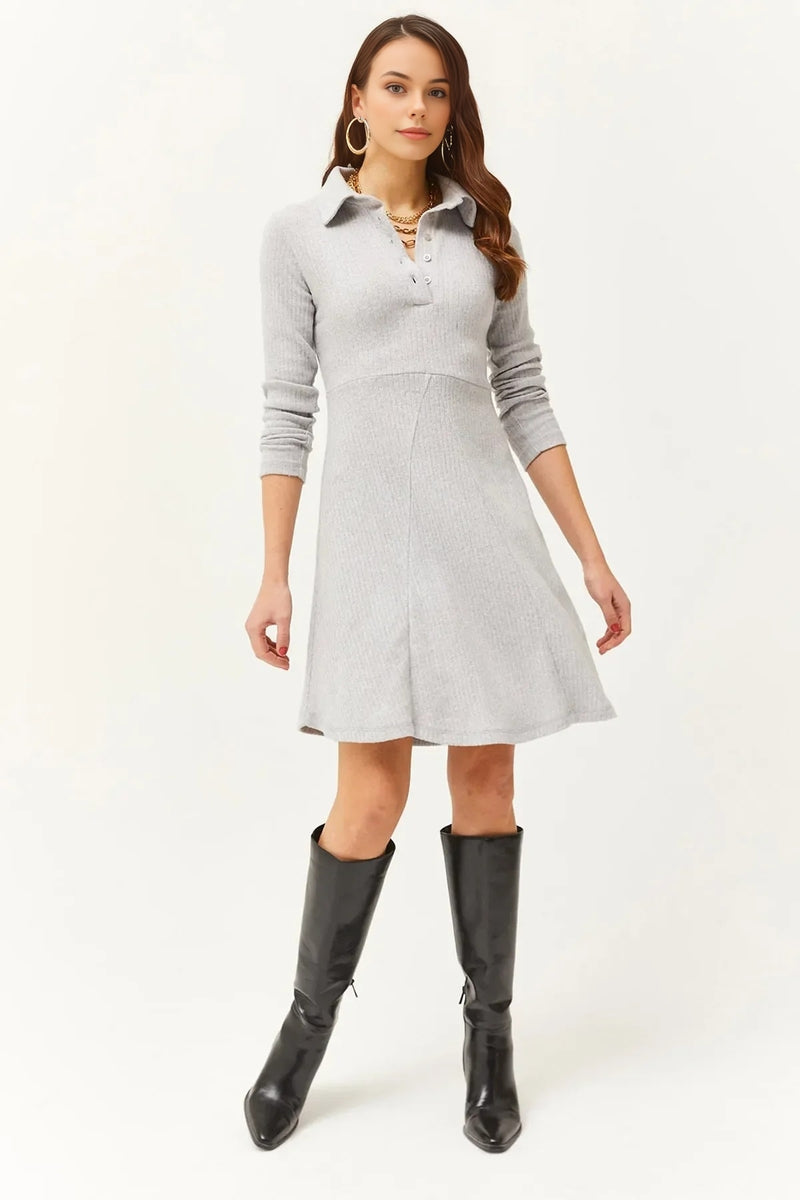 Polo Collar Buttoned Mini Flared Dress