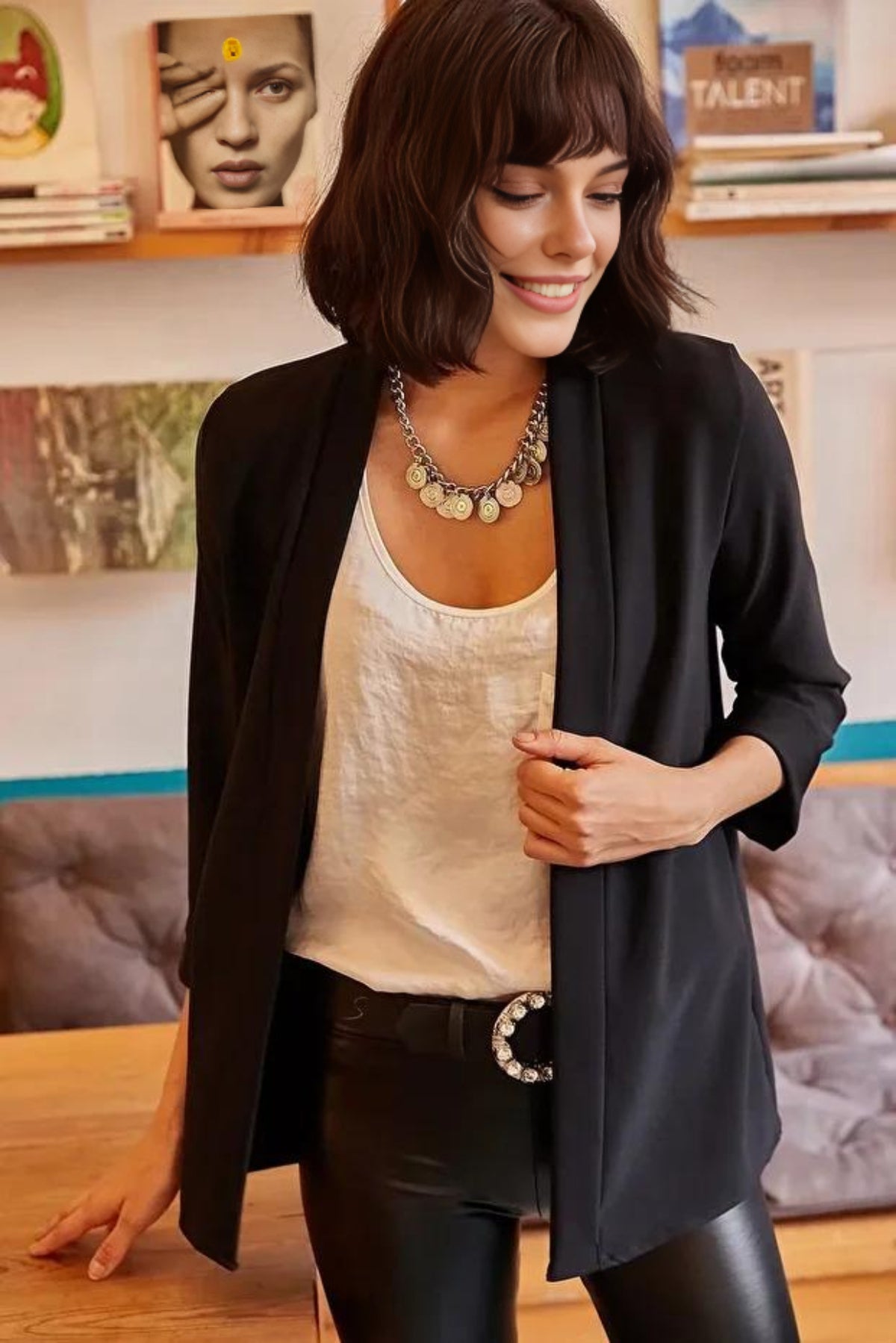 Satin Shawl-Collar Blazer