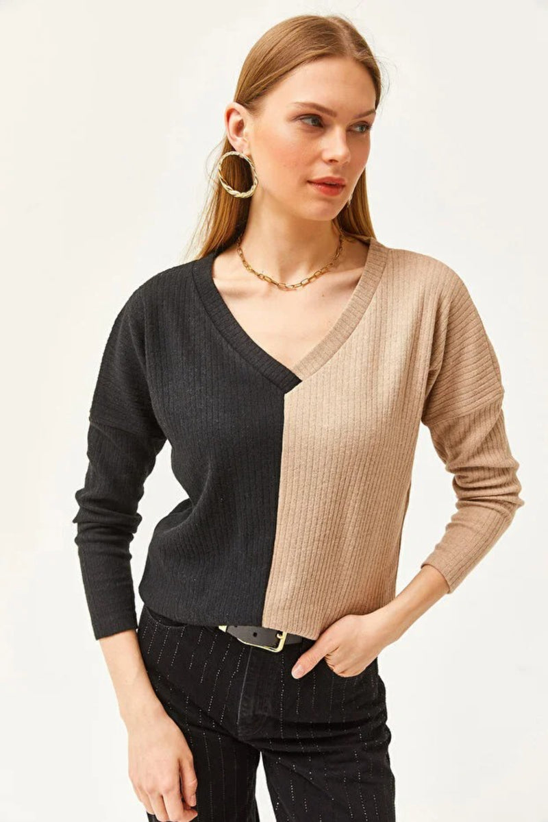 Color-Block Brushed Oversized Blouse