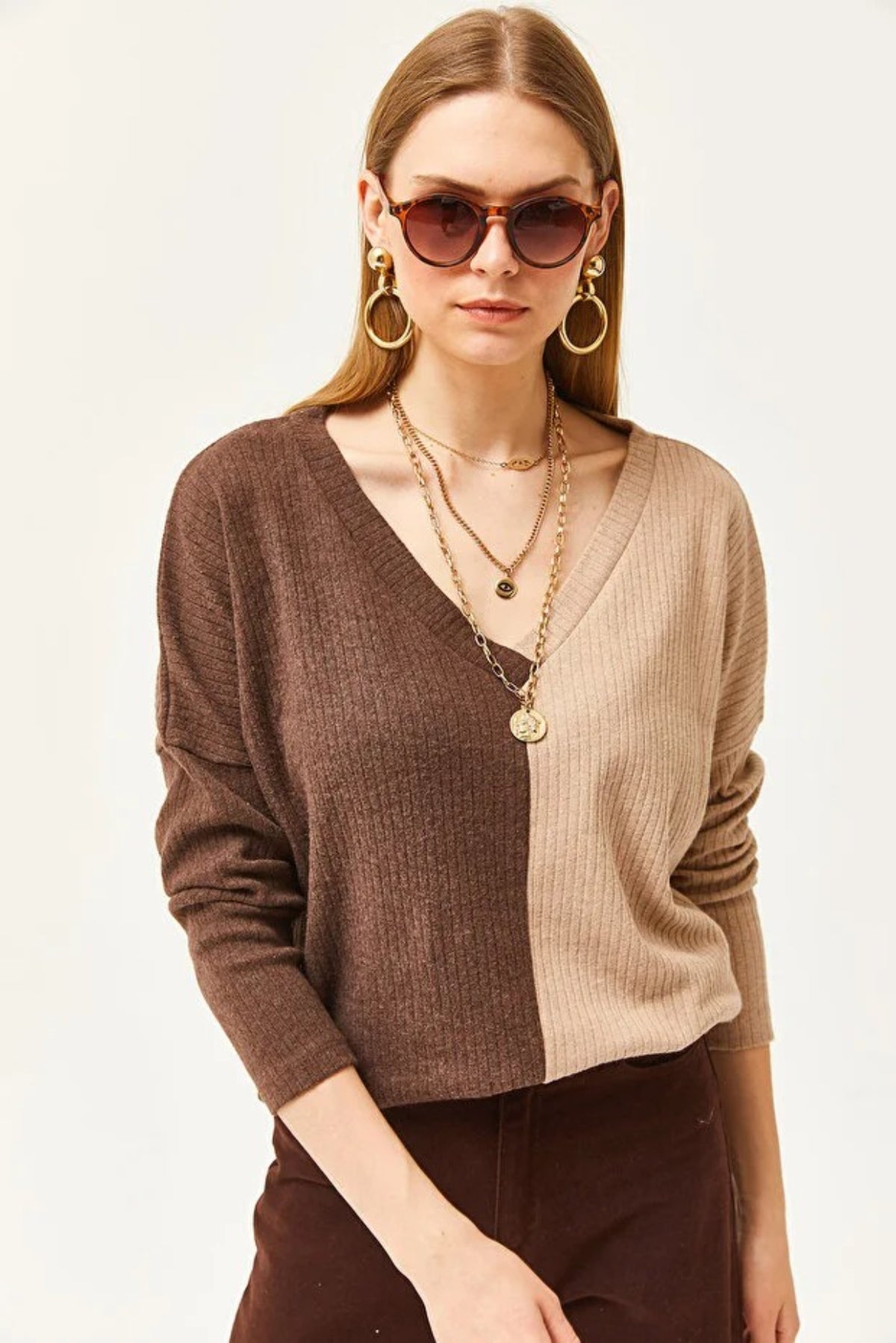 Color-Block Brushed Oversized Blouse