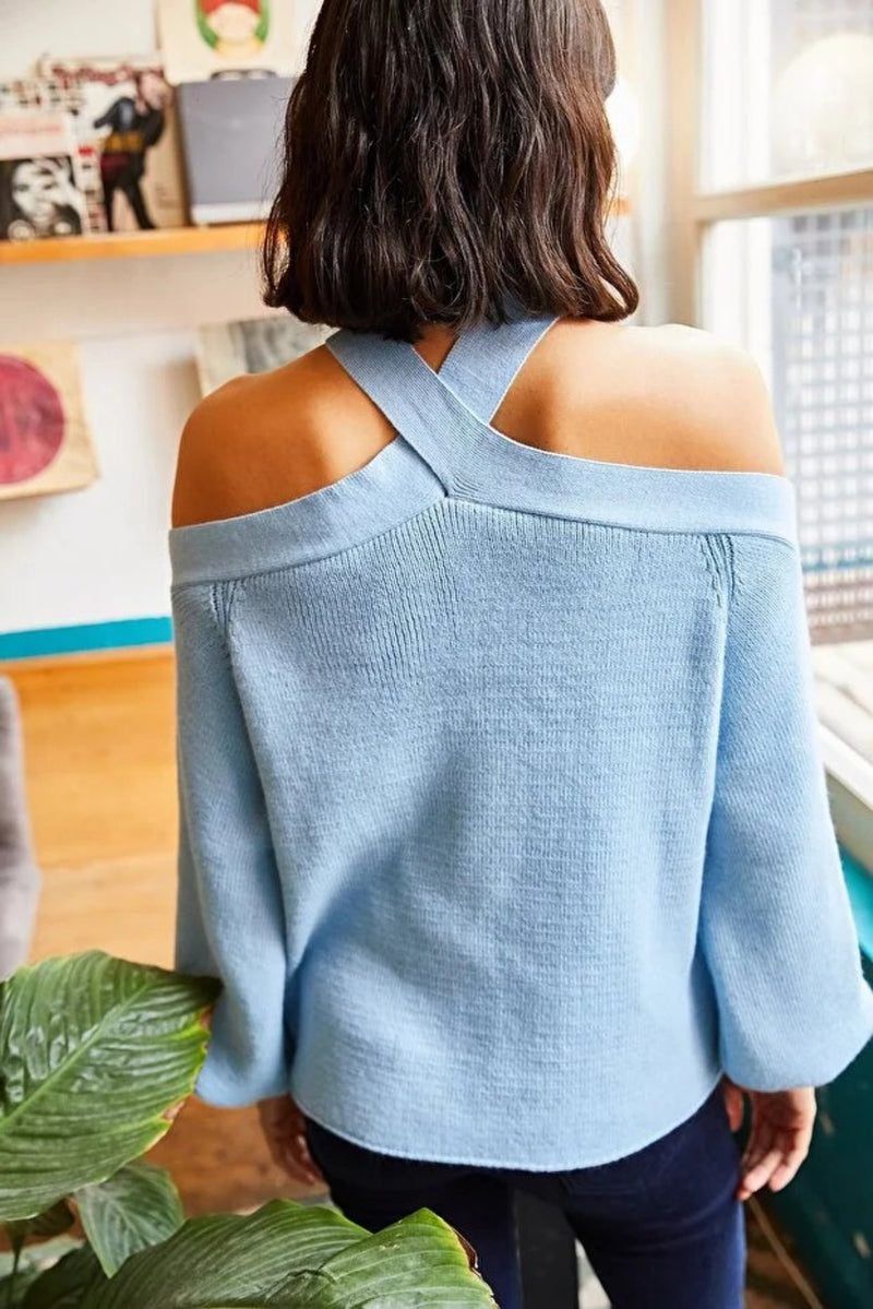 Cross-Neck Knit Sweater
