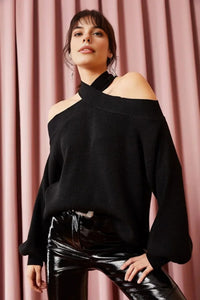 Cross-Neck Knit Sweater