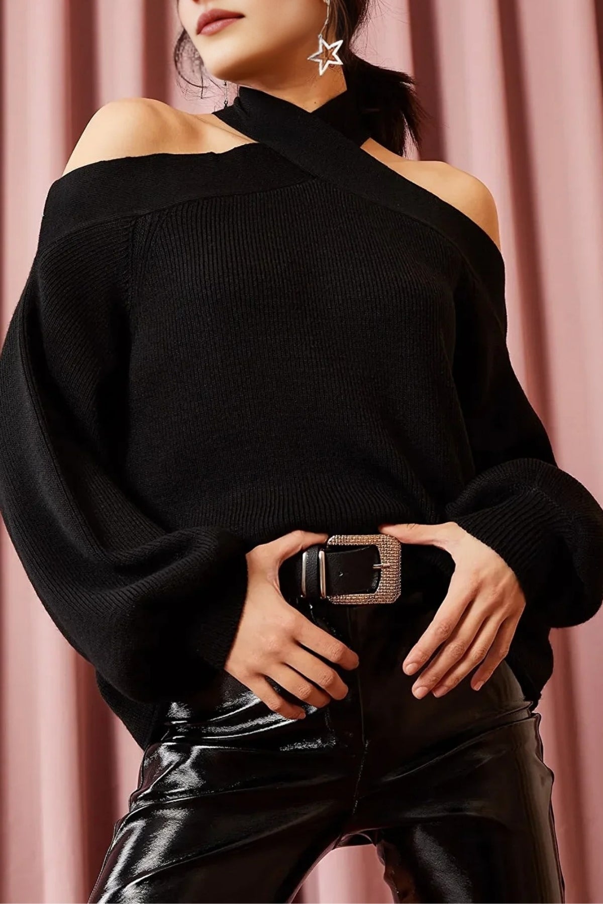 Cross-Neck Knit Sweater