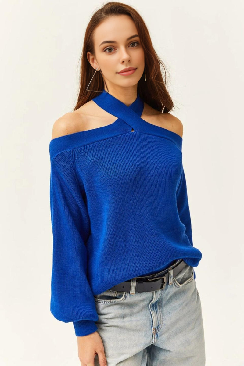 Cross-Neck Knit Sweater