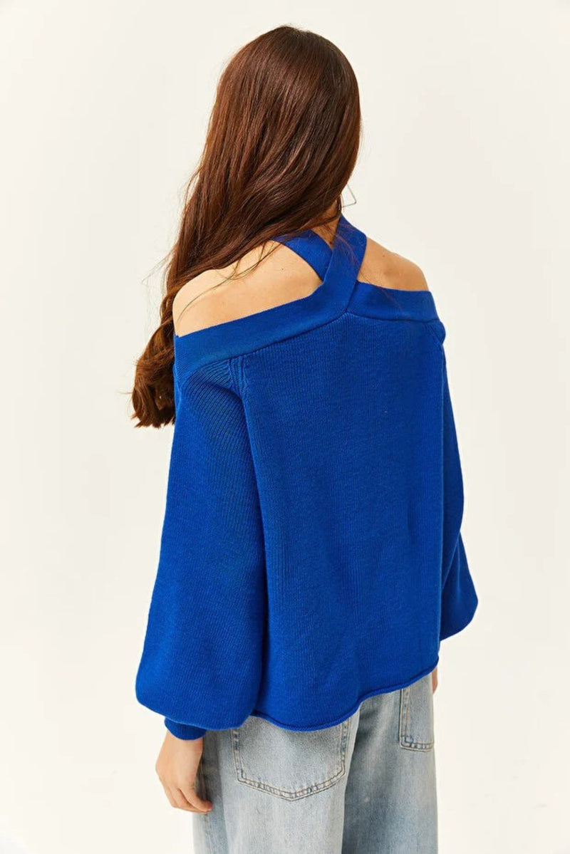 Cross-Neck Knit Sweater