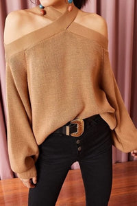 Cross-Neck Knit Sweater