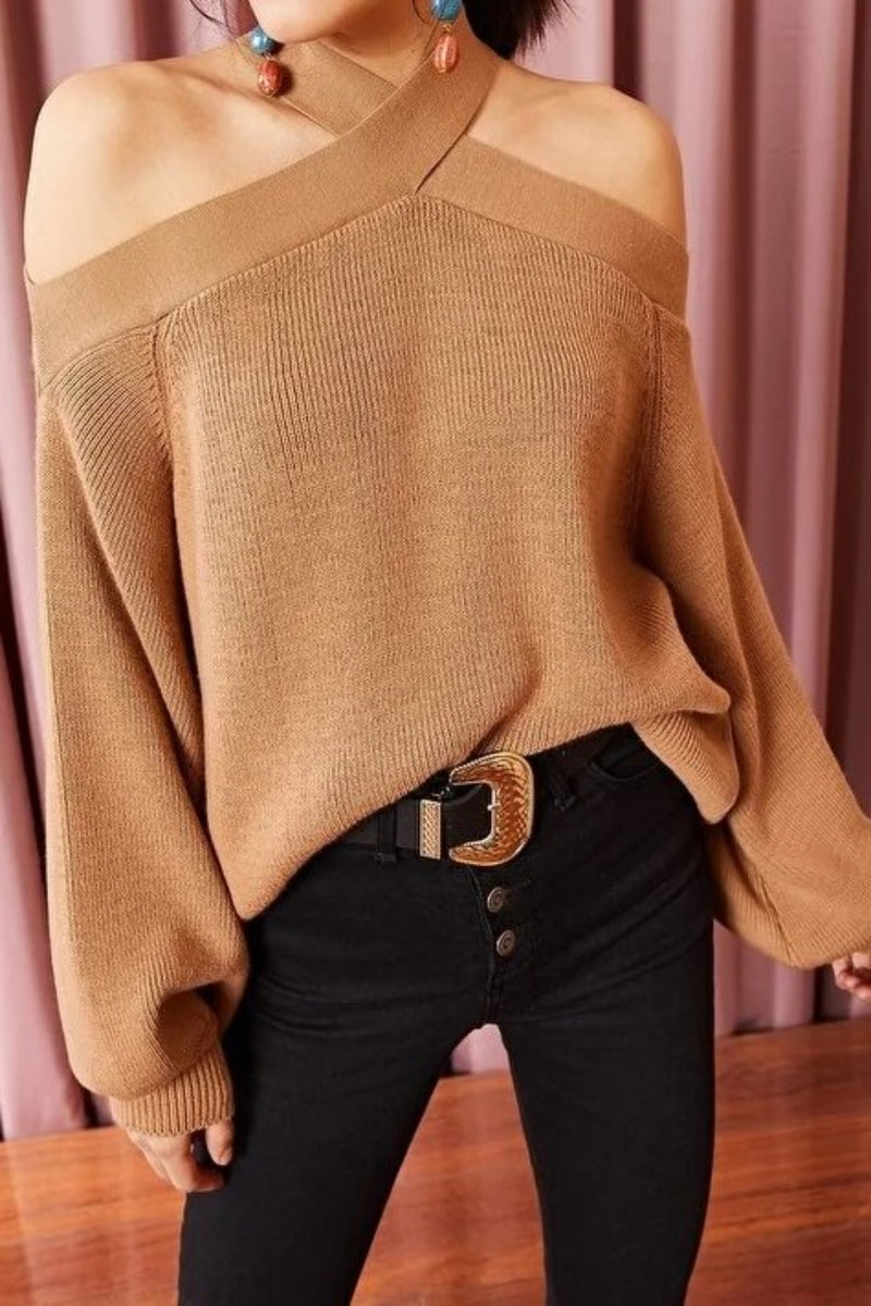 Cross-Neck Knit Sweater