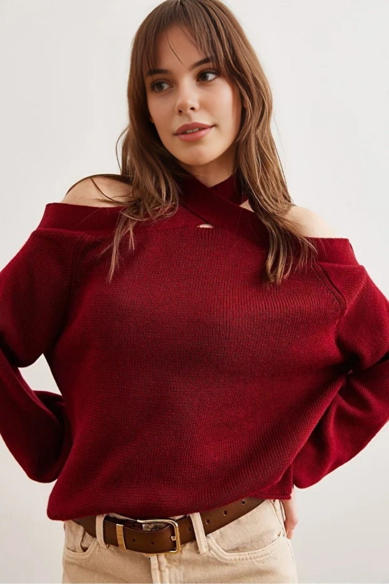 Cross-Neck Knit Sweater
