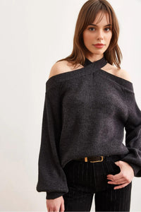 Cross-Neck Knit Sweater