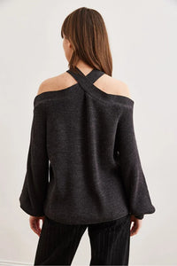 Cross-Neck Knit Sweater