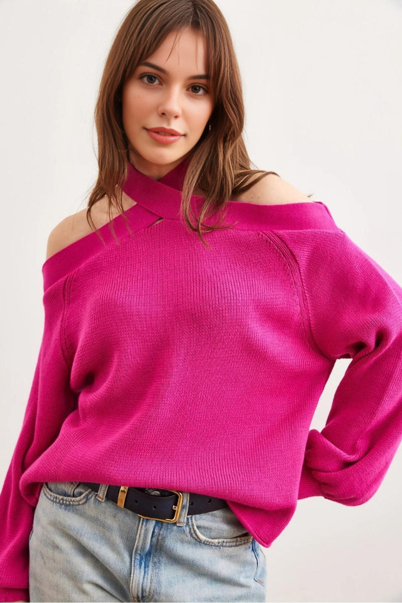 Cross-Neck Knit Sweater