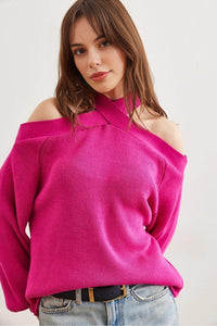 Cross-Neck Knit Sweater
