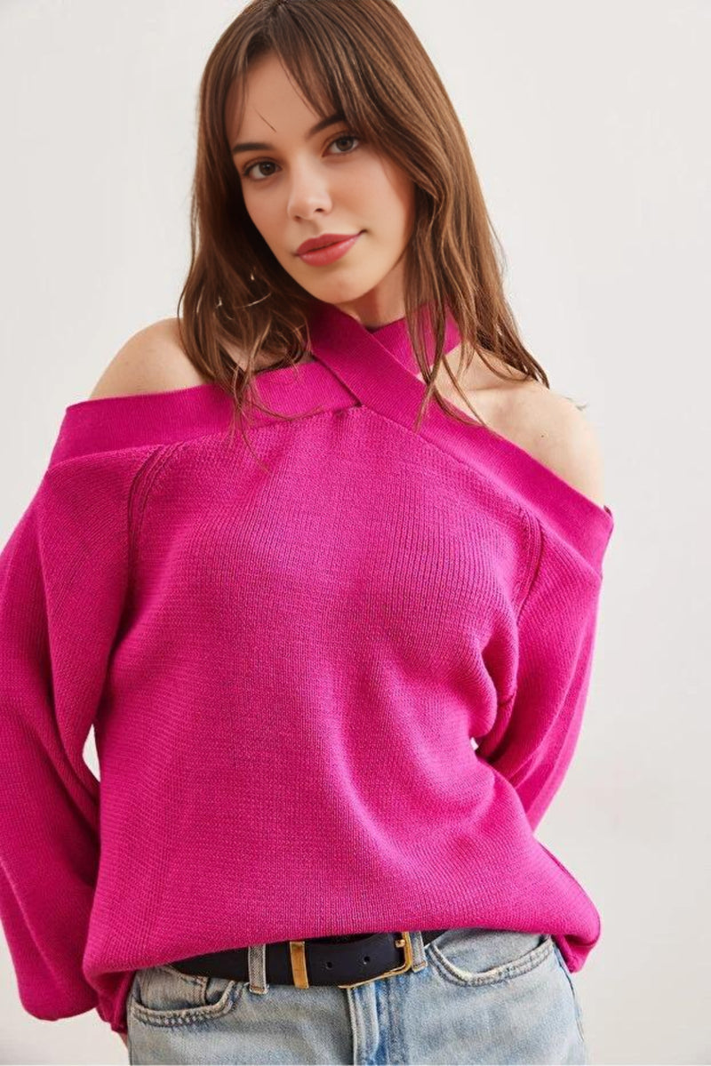 Cross-Neck Knit Sweater