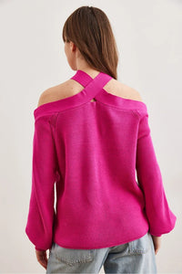 Cross-Neck Knit Sweater