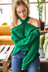 Cross-Neck Knit Sweater
