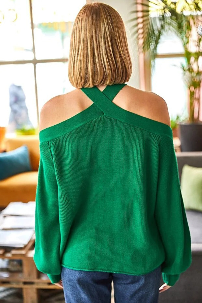 Cross-Neck Knit Sweater