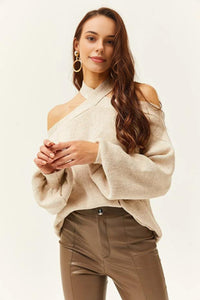 Cross-Neck Knit Sweater