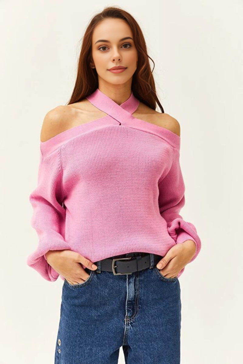 Cross-Neck Knit Sweater