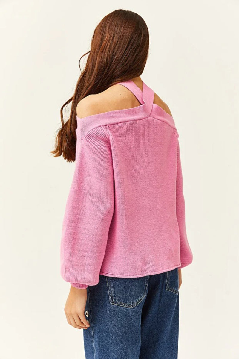 Cross-Neck Knit Sweater
