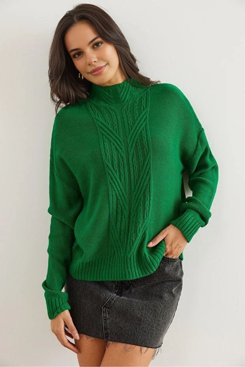 High-Neck Cable Knit Sweater