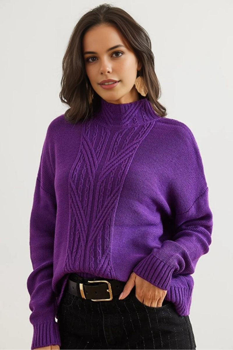 High-Neck Cable Knit Sweater