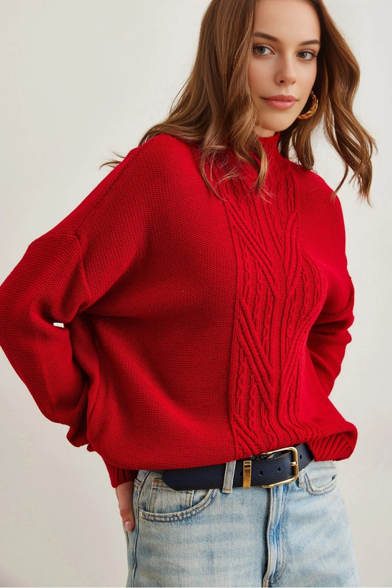 High-Neck Cable Knit Sweater