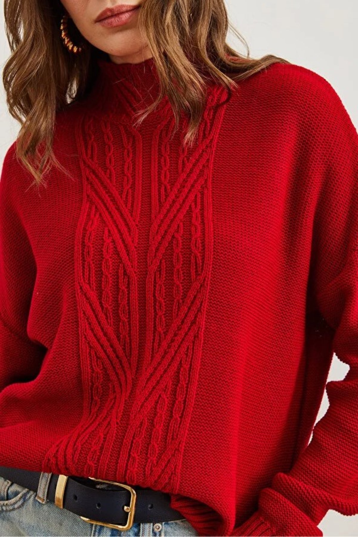High-Neck Cable Knit Sweater