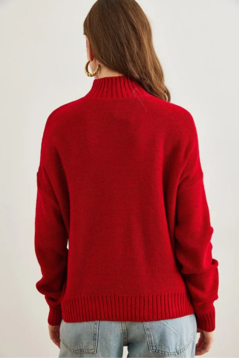 High-Neck Cable Knit Sweater
