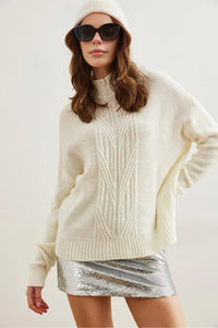 High-Neck Cable Knit Sweater