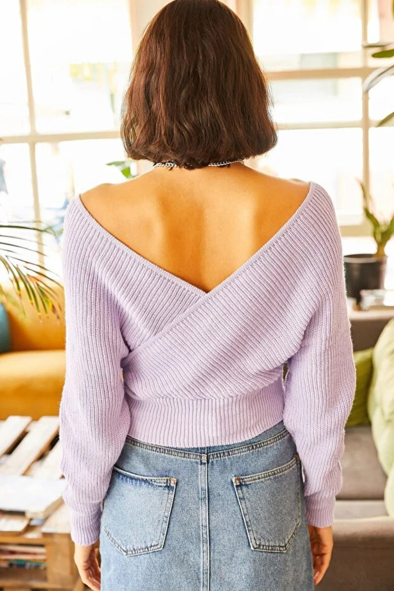 Front and Back V-Neck Cropped Knit Sweater