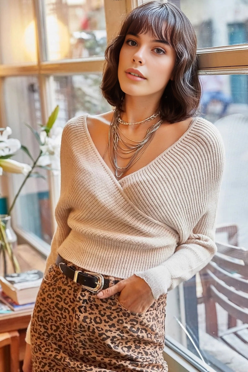 Front and Back V-Neck Cropped Knit Sweater