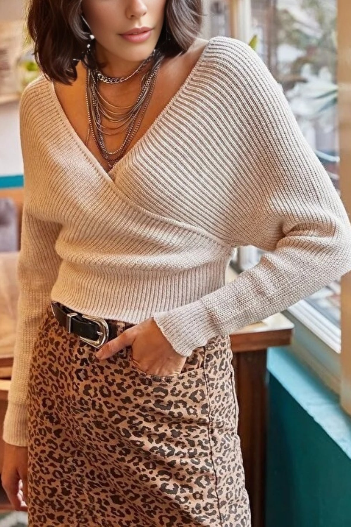 Front and Back V-Neck Cropped Knit Sweater