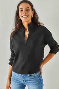 Zip-Up High Neck Brushed Sweater