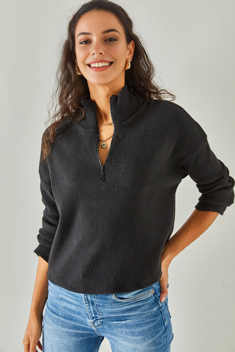 Zip-Up High Neck Brushed Sweater