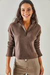 Zip-Up High Neck Brushed Sweater