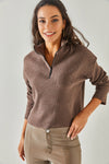 Zip-Up High Neck Brushed Sweater