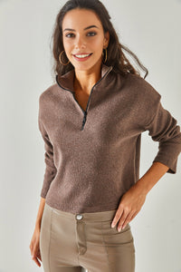 Zip-Up High Neck Brushed Sweater