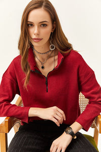 Zip-Up High Neck Brushed Sweater