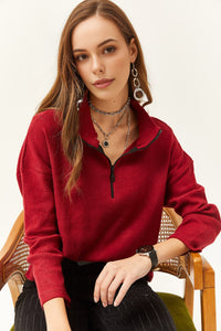 Zip-Up High Neck Brushed Sweater