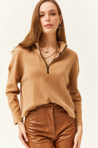 Zip-Up High Neck Brushed Sweater