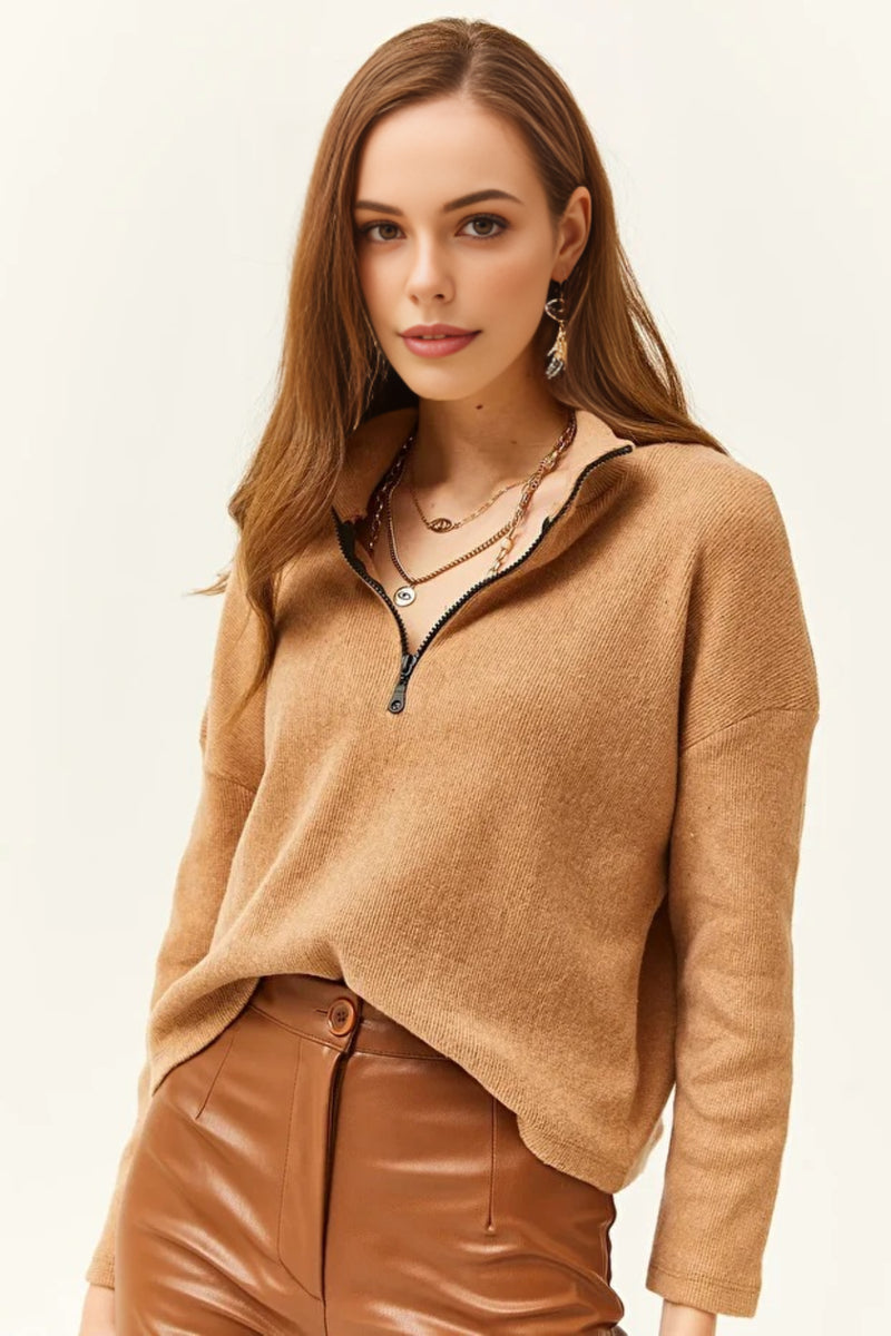 Zip-Up High Neck Brushed Sweater