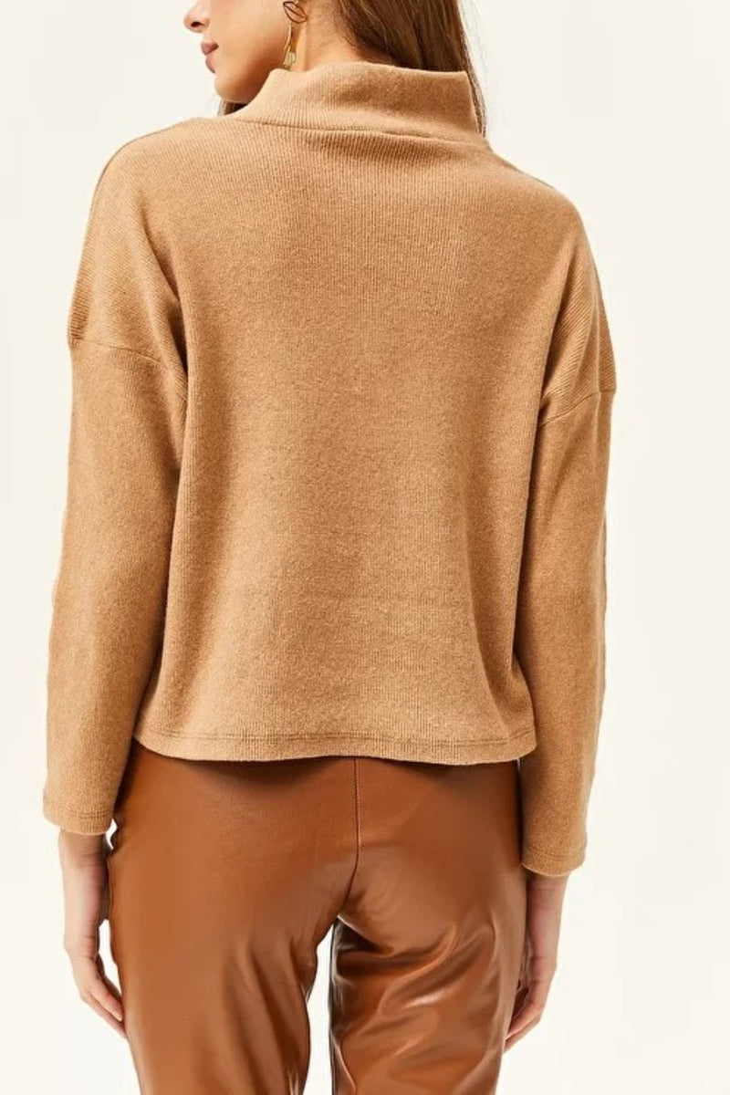 Zip-Up High Neck Brushed Sweater