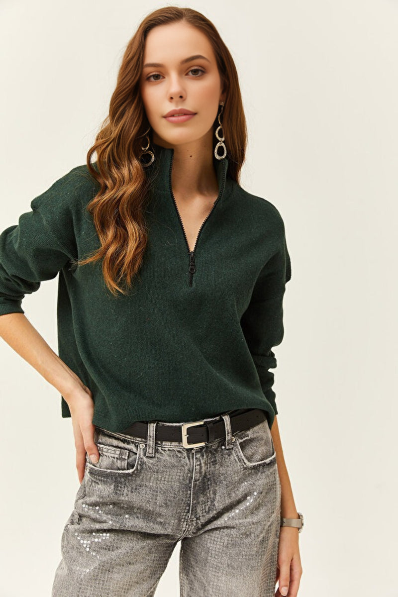 Zip-Up High Neck Brushed Sweater