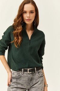 Zip-Up High Neck Brushed Sweater