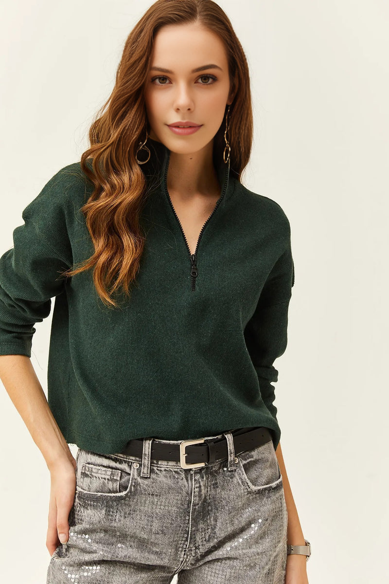 Zip-Up High Neck Brushed Sweater
