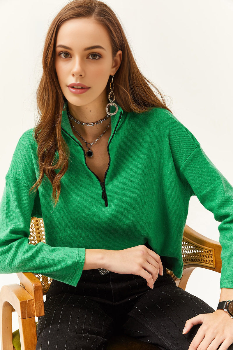 Zip-Up High Neck Brushed Sweater